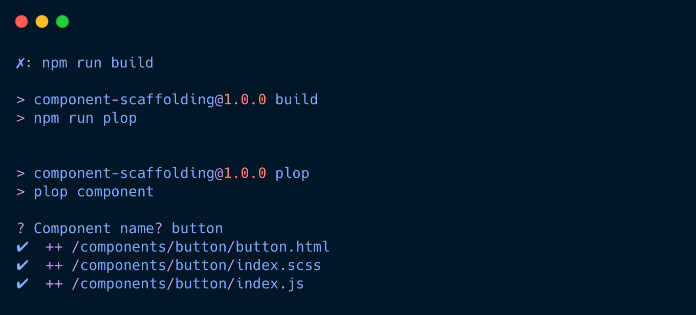 a screenshot of terminal code where we have run 'npm run build' and are asked 'Component name? We have filled that out with 'button' and it shows that it has created three new files'