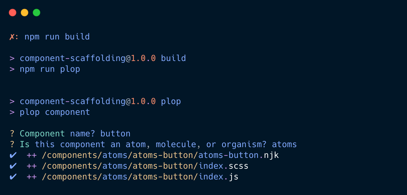 a screenshot of terminal code where we have run 'npm run build' and are asked 'Component name?' After this it asks if the component is an atom, molecule, or organism, and gives us a list of those items to select. Selecting atom - it creates three files